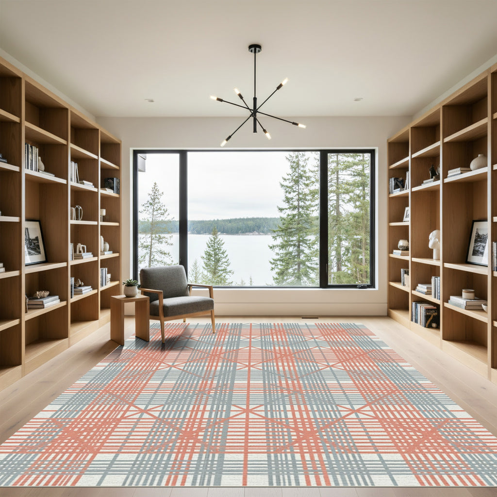Coastal Coral Gray Plaid Diamond Rug
