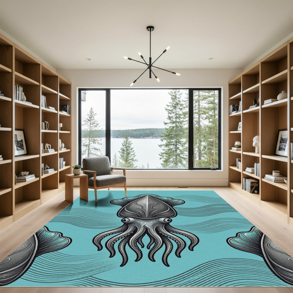Art Deco Gray Squid Ocean Waves Rug