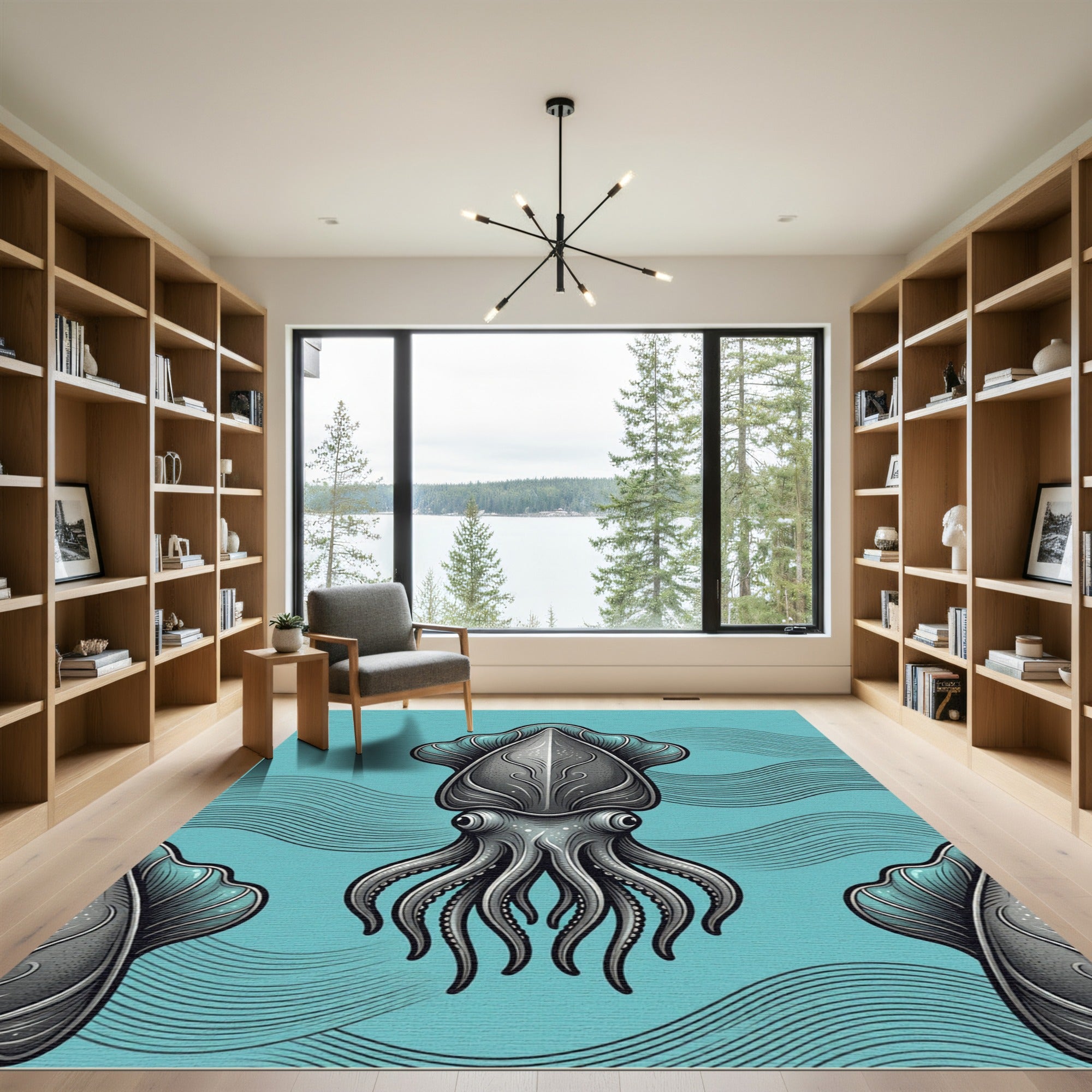 Art Deco Gray Squid Ocean Waves Rug