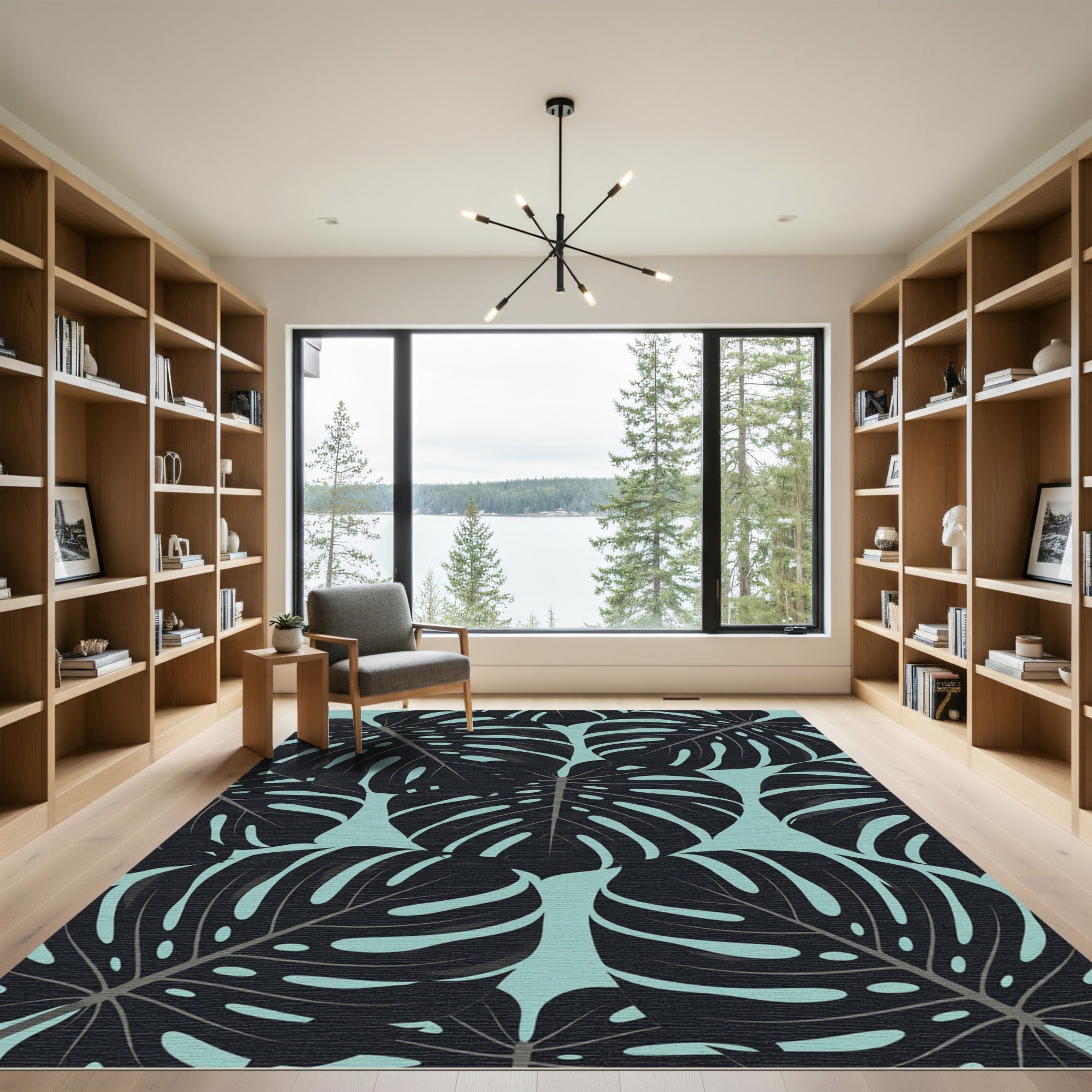 Bold Black Tropical Monstera Leaf Rug