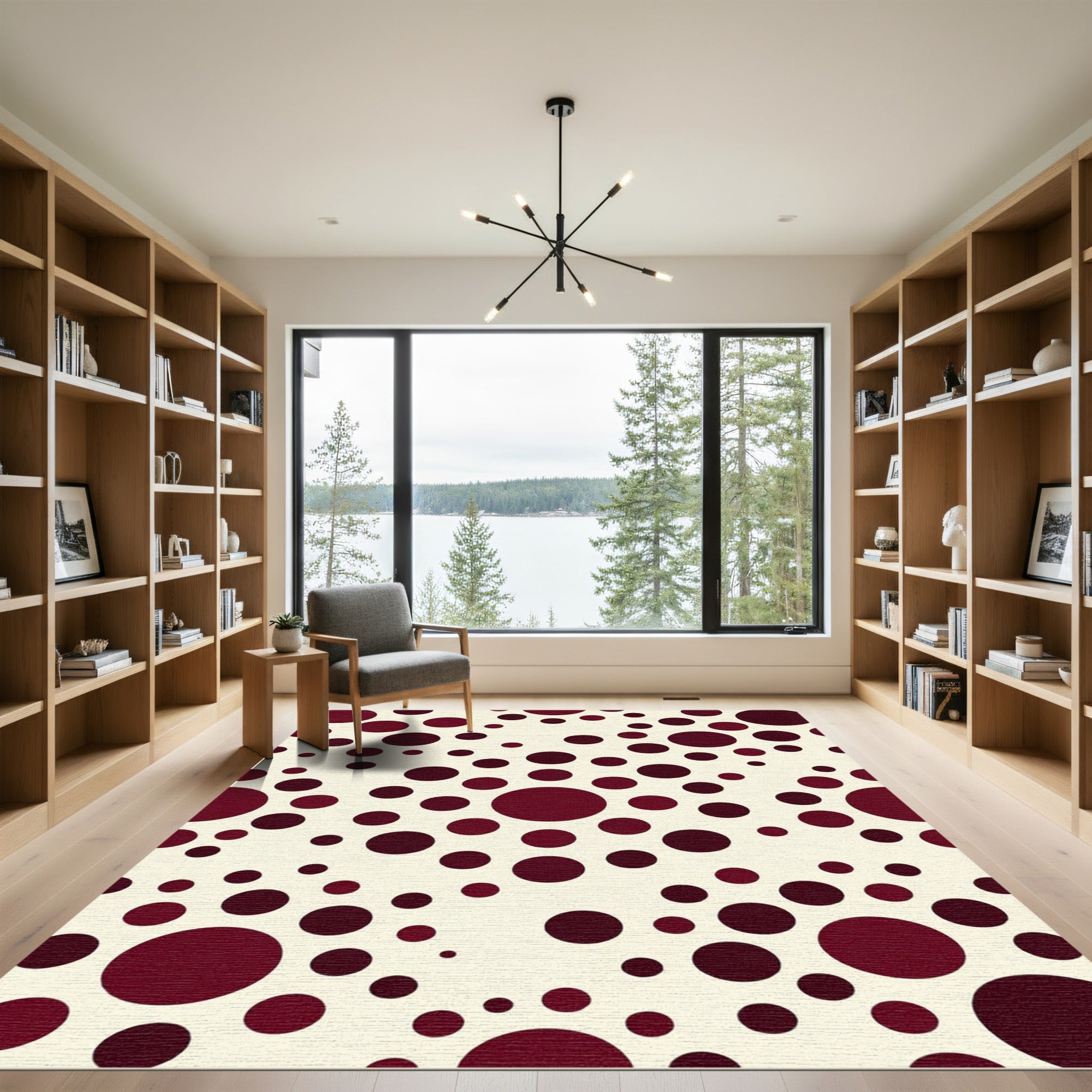 Crimson Scattered Circles Composition Rug