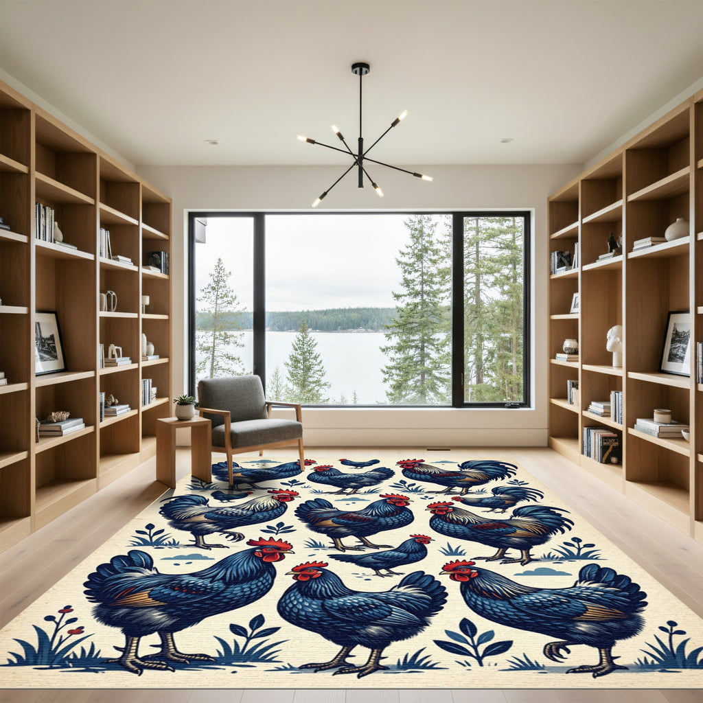 Vintage Indigo Rooster Farmhouse Art Rug