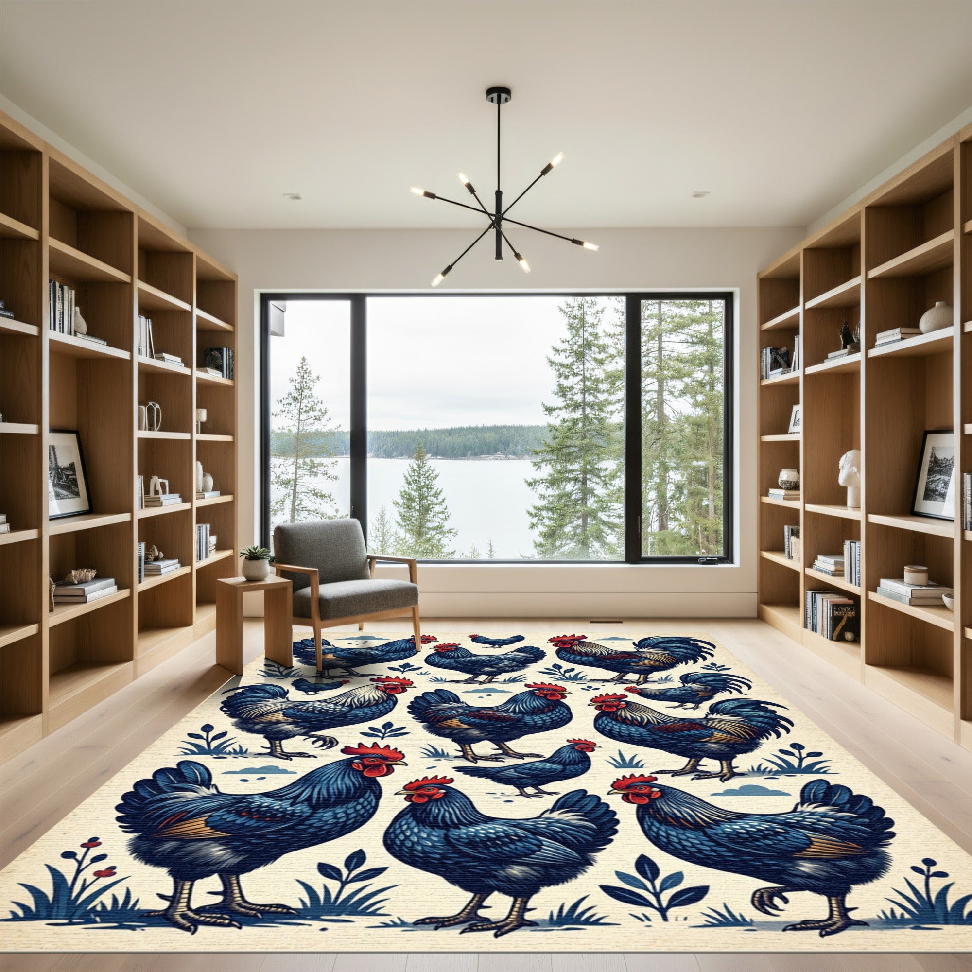 Vintage Indigo Rooster Farmhouse Art Rug