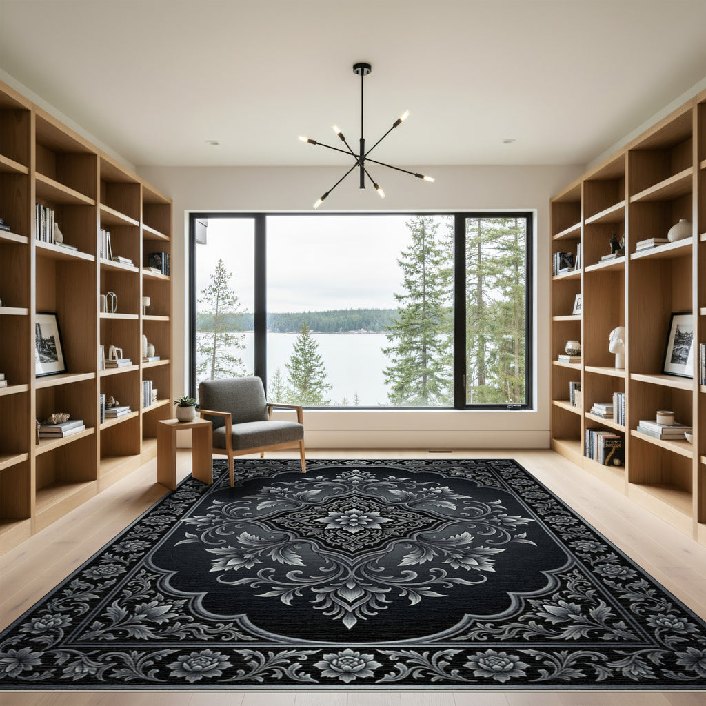 Ornate Silver Floral Damask Medallion Rug