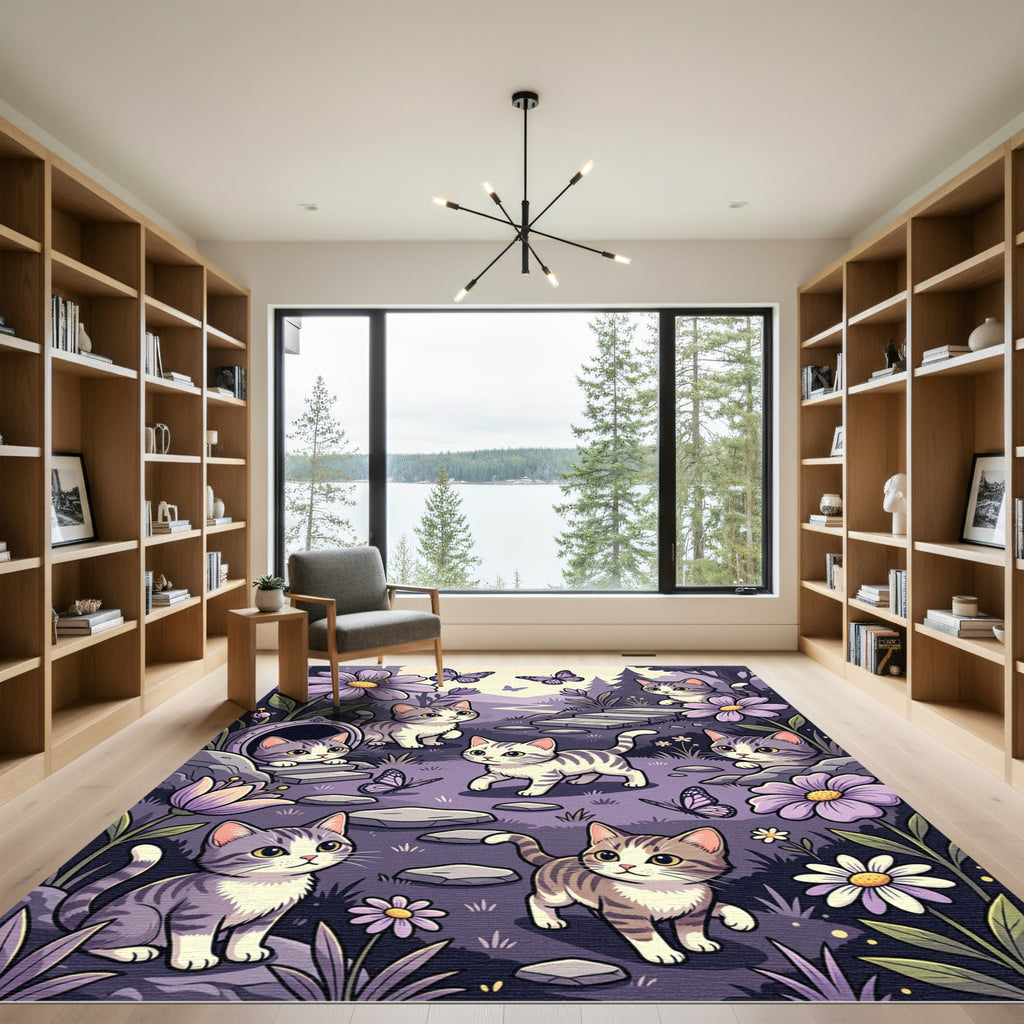 Whimsical Purple Kitten Butterfly Garden Rug