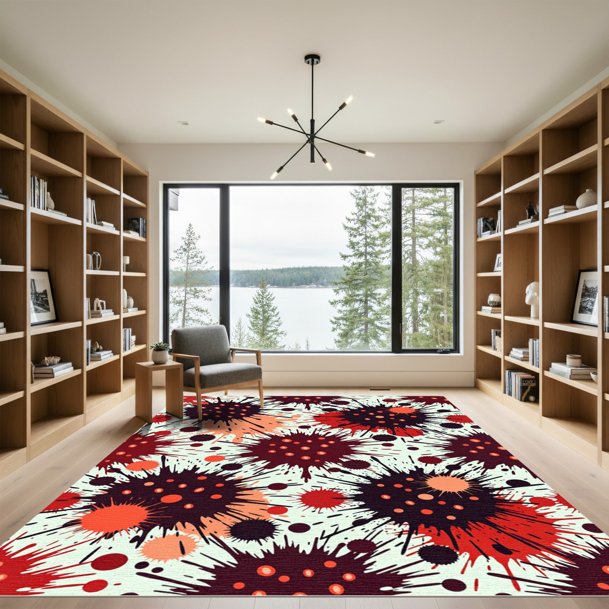 Crimson Orange Spiky Ink Splatter Rug