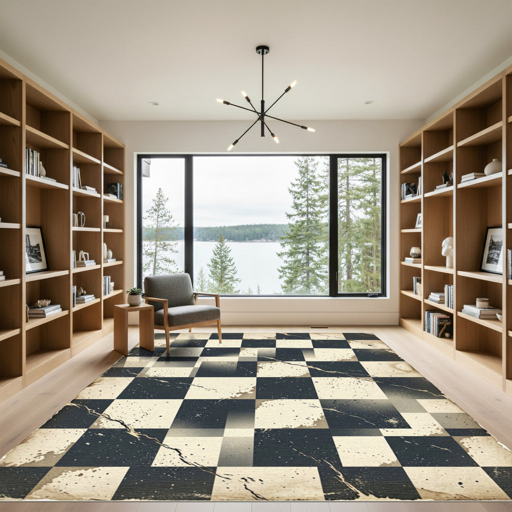 Distressed Monochrome Checkerboard Grid Rug