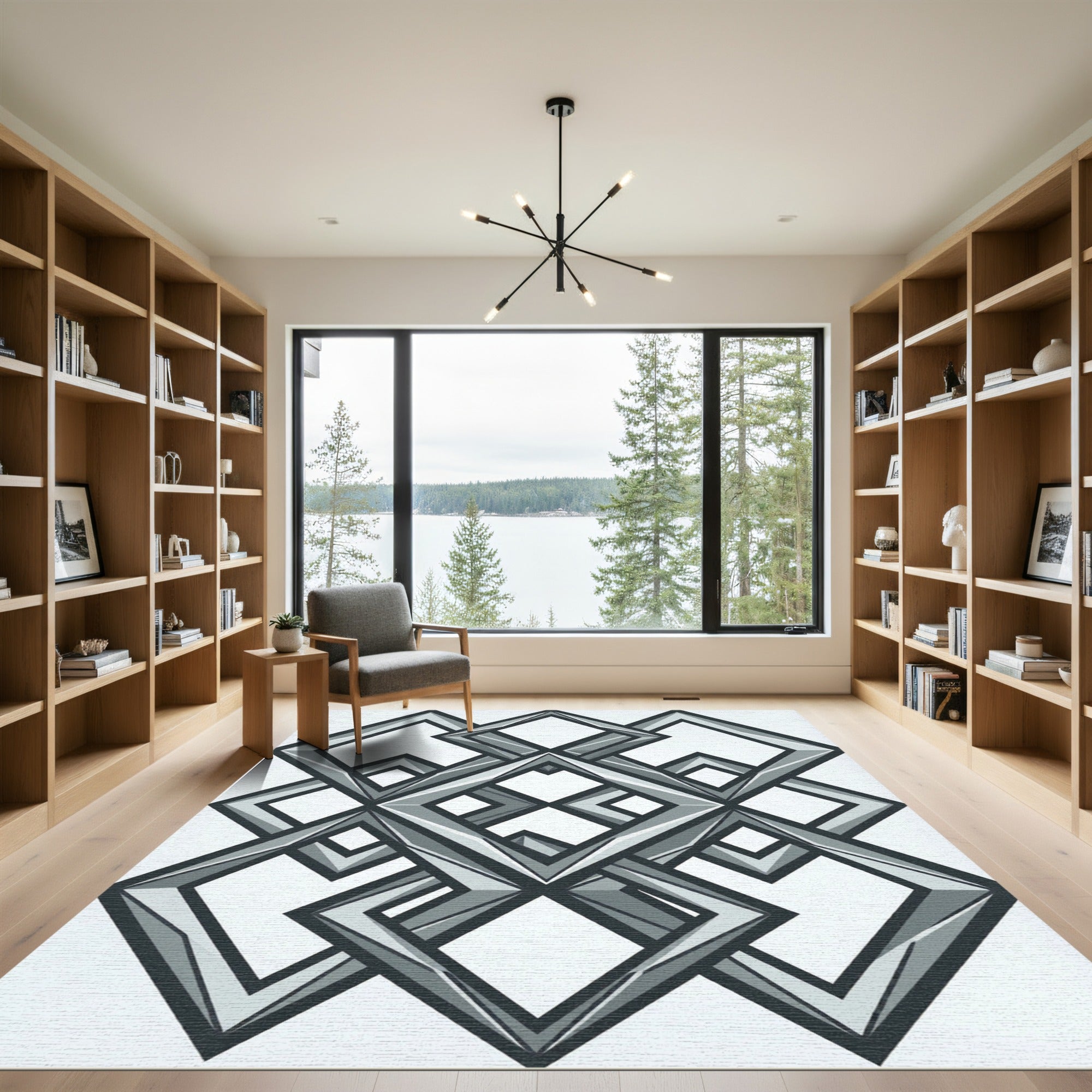 Modern Monochrome Interlocking Geometric Diamond Rug