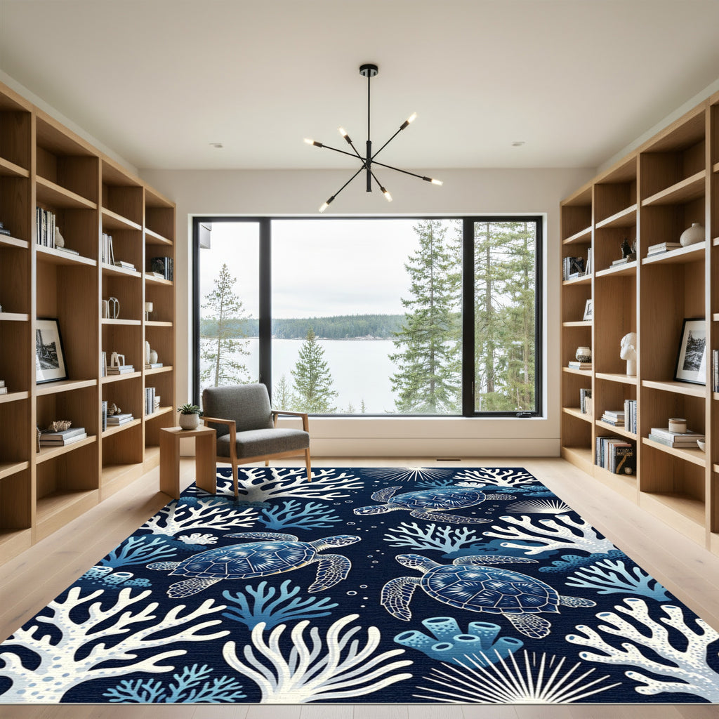 Navy Sea Turtle Coral Reef Ocean Rug
