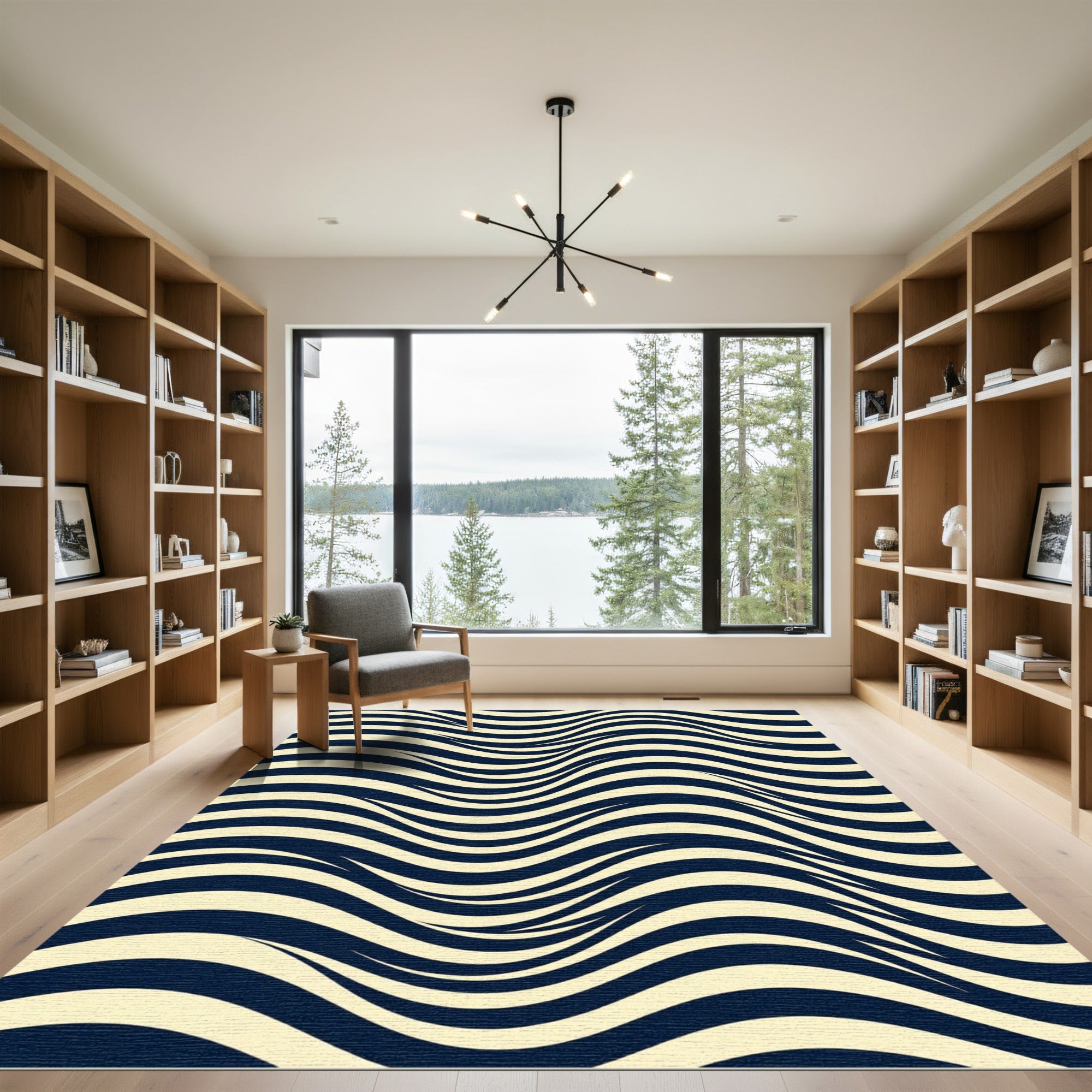 Bold Navy and Cream Wavy Abstract Rug
