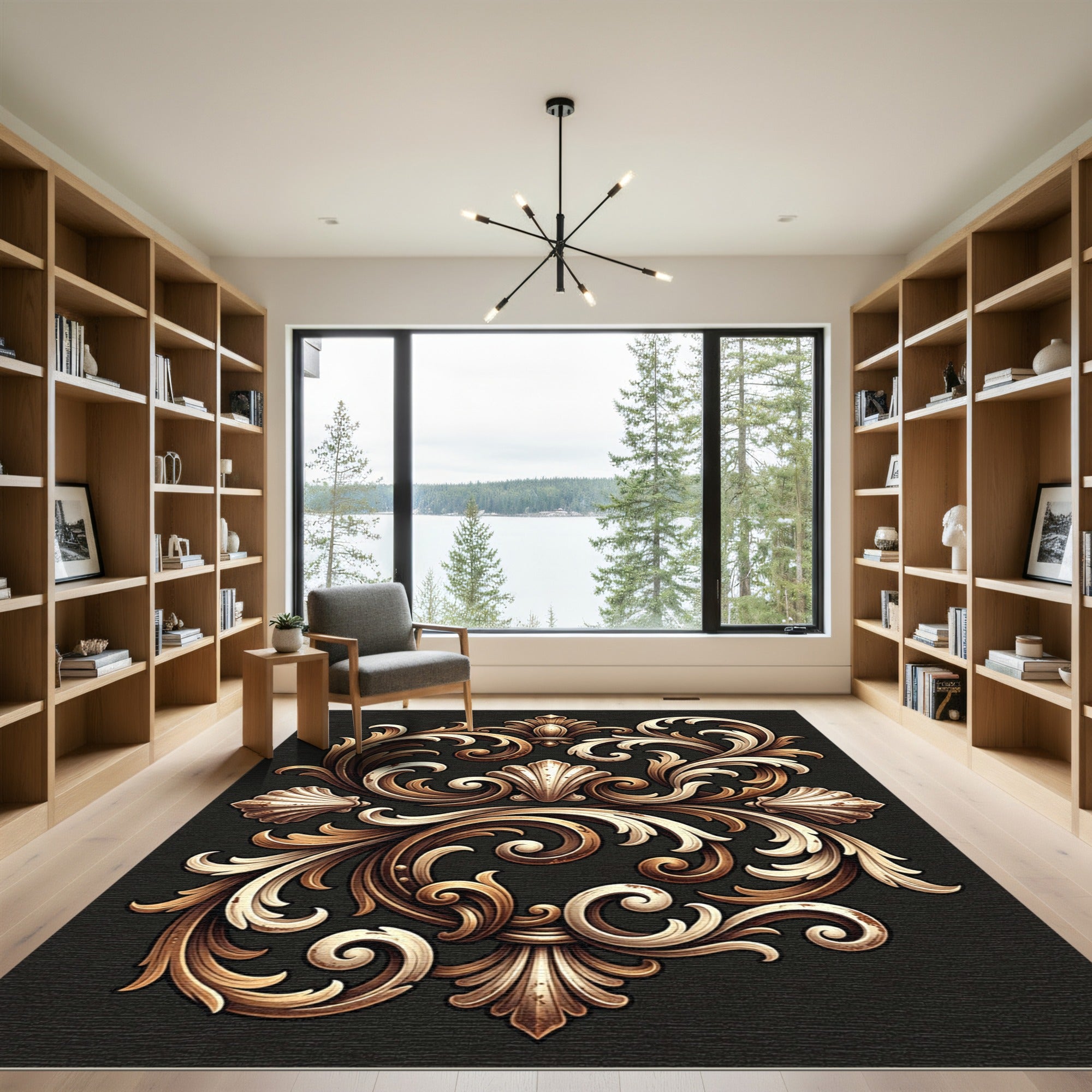 Ornate Gold Scrollwork Shell Medallion Rug
