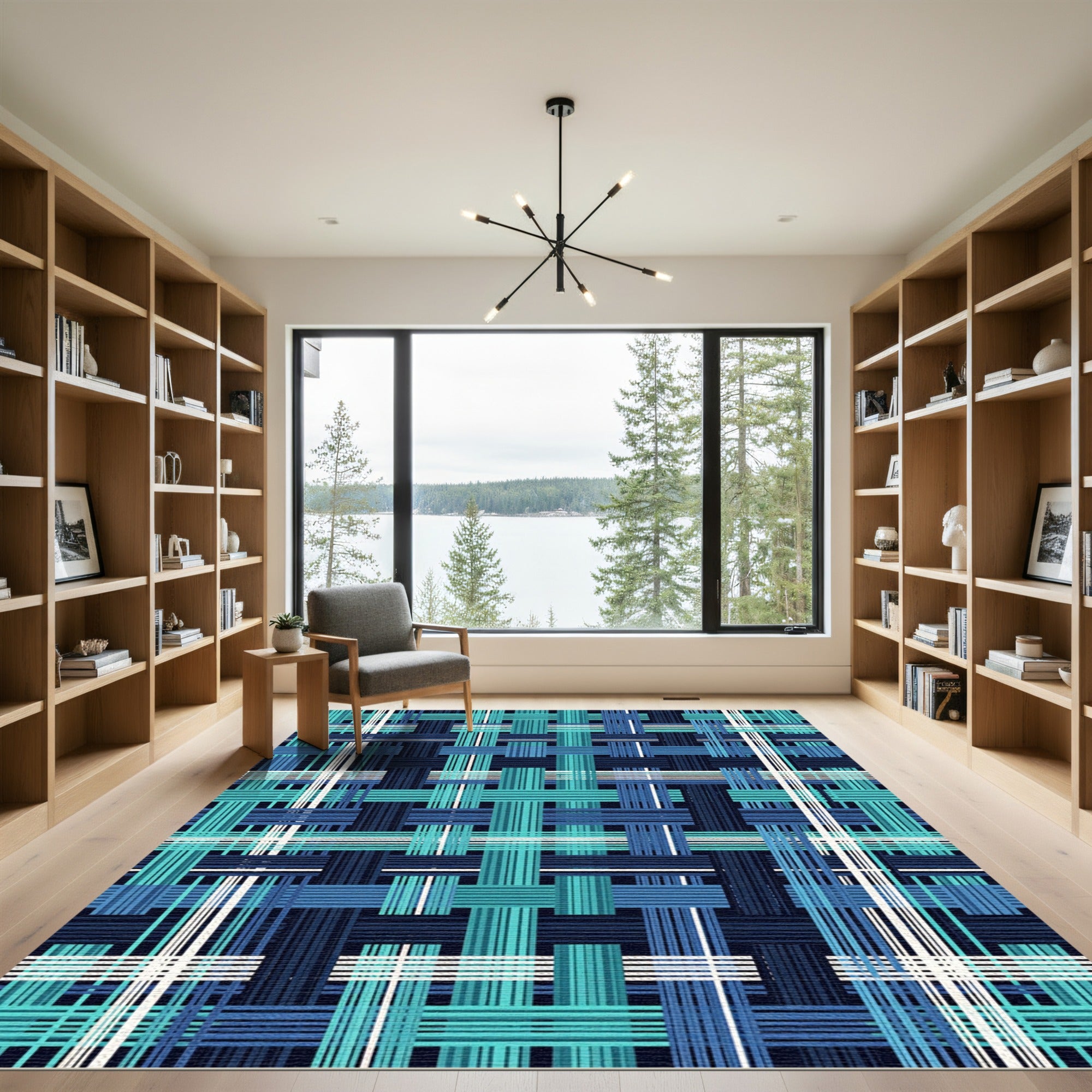 Teal and Navy Plaid Woven Grid Rug