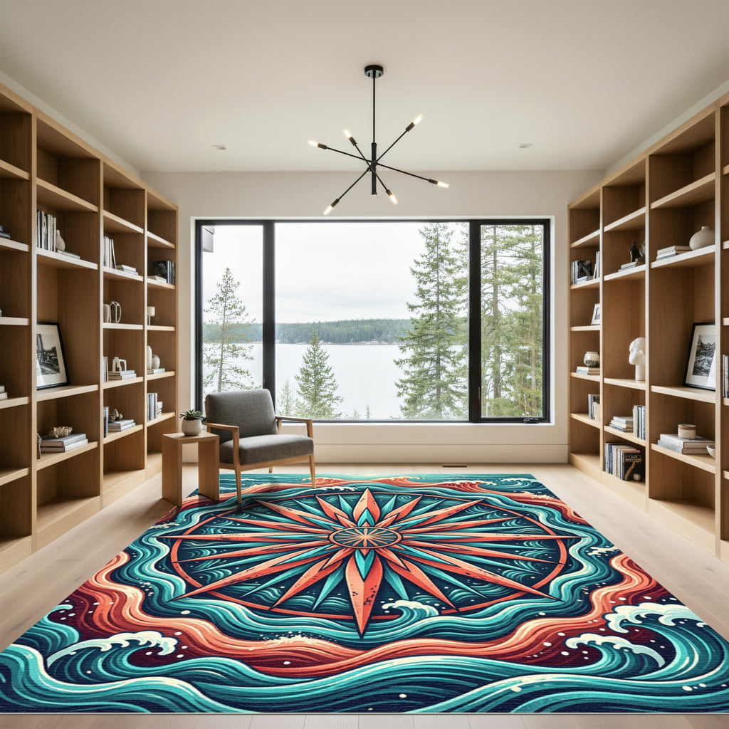 Vibrant Teal and Coral Nautical Compass Rug