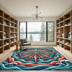 Vibrant Teal and Coral Nautical Compass Rug