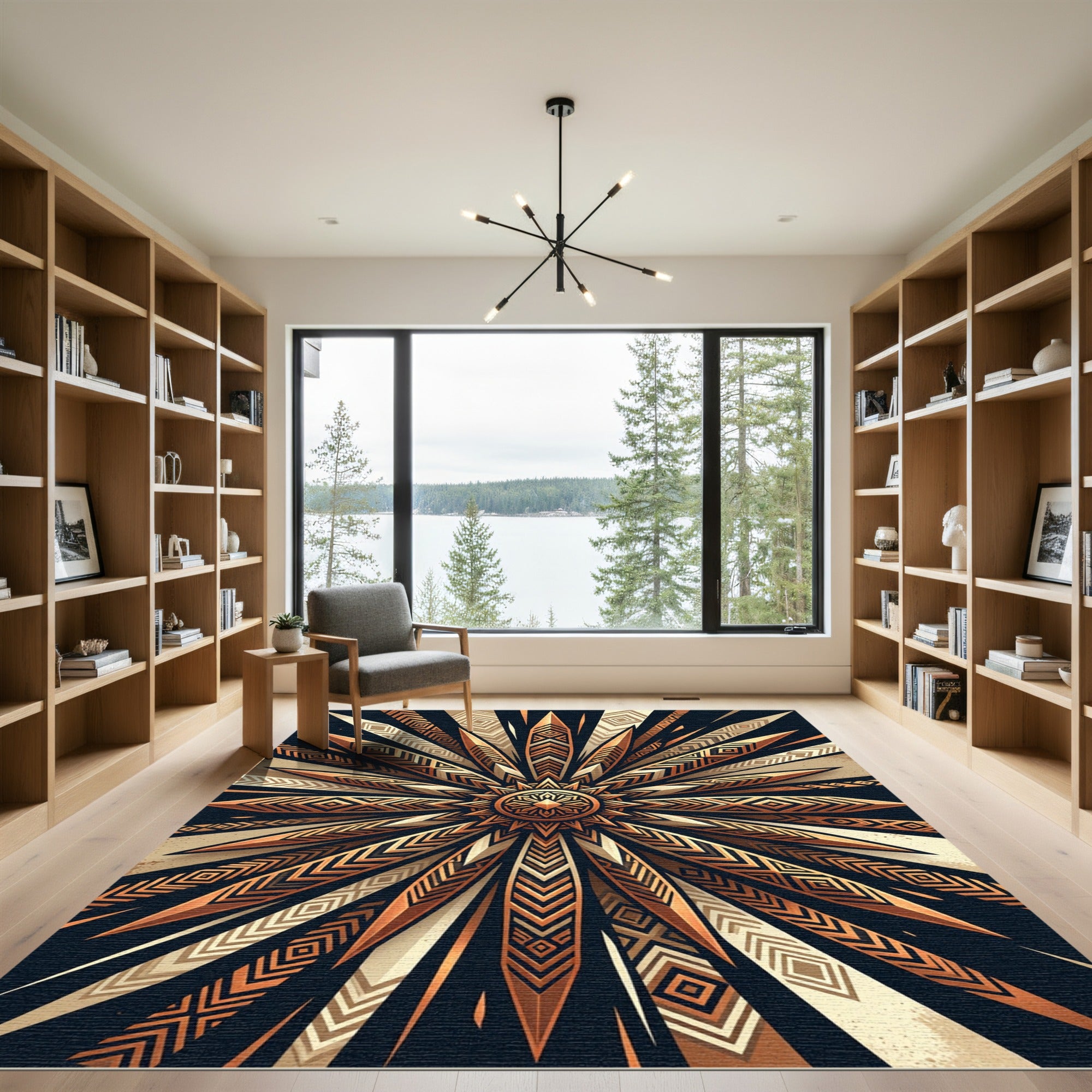Golden Bronze Sunburst Geometric Lines Rug