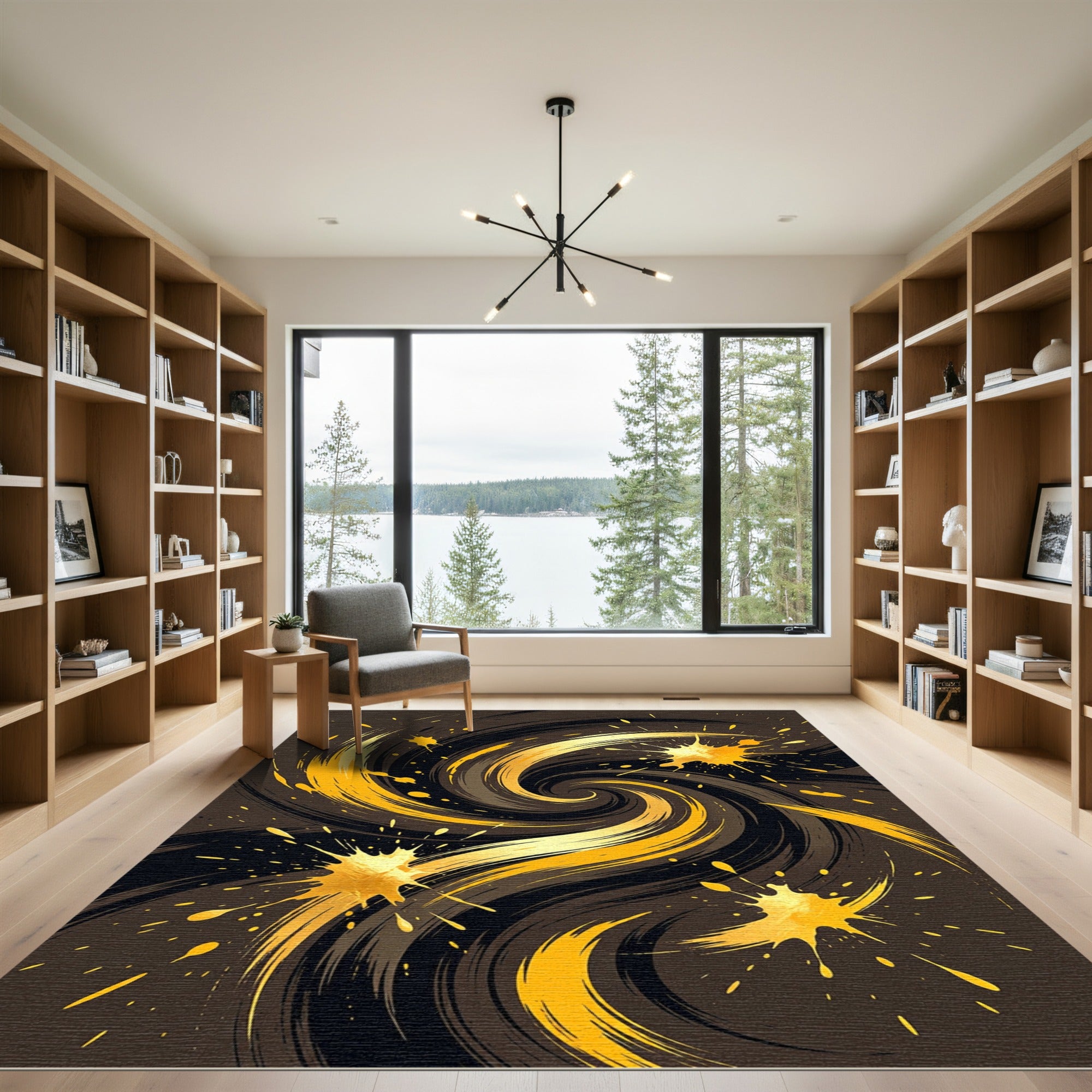 Golden Swirl Abstract Ink Splash Rug
