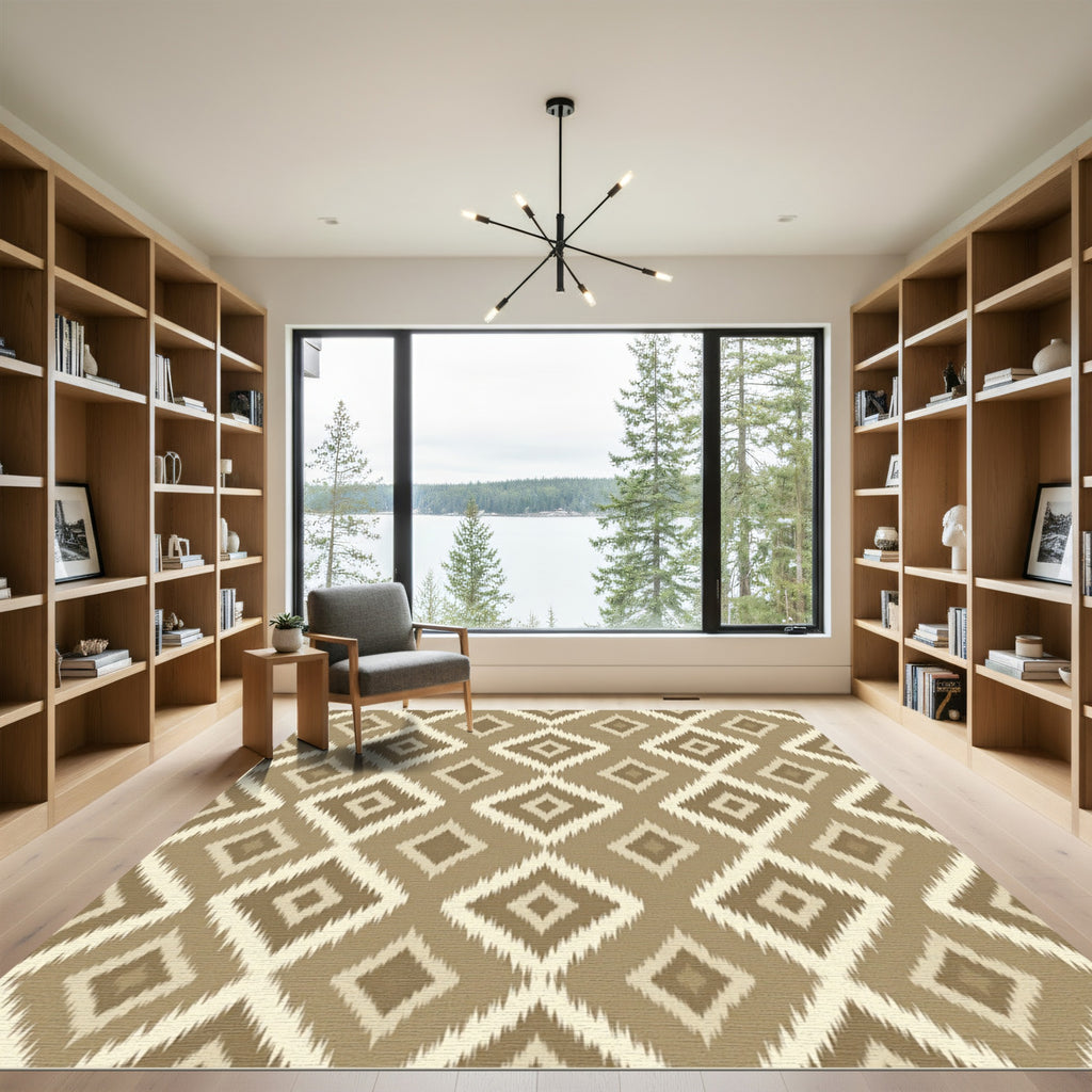 Neutral Earthy Tone Ikat Diamond Rug