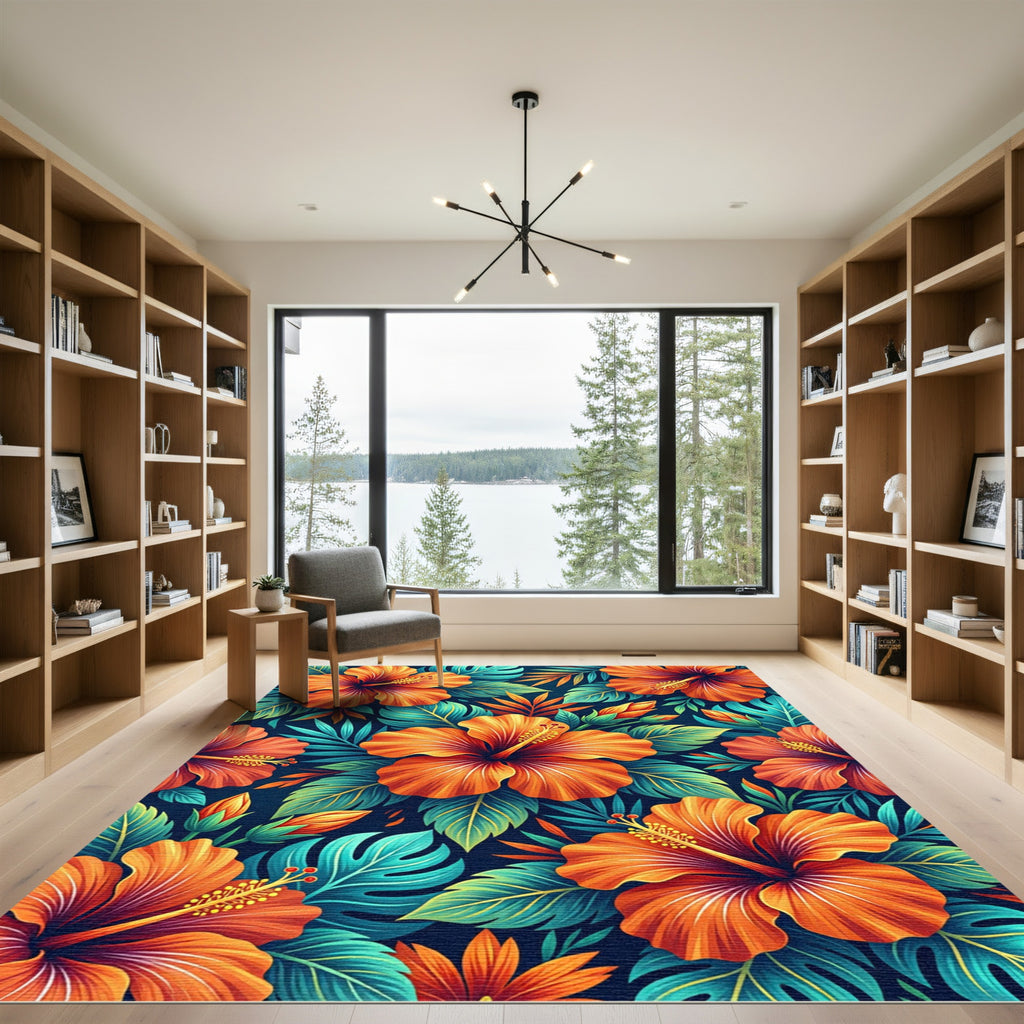 Vibrant Orange Hibiscus Tropical Floral Rug