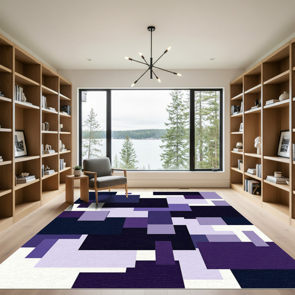 Geometric Purple and White Block Composition Rug