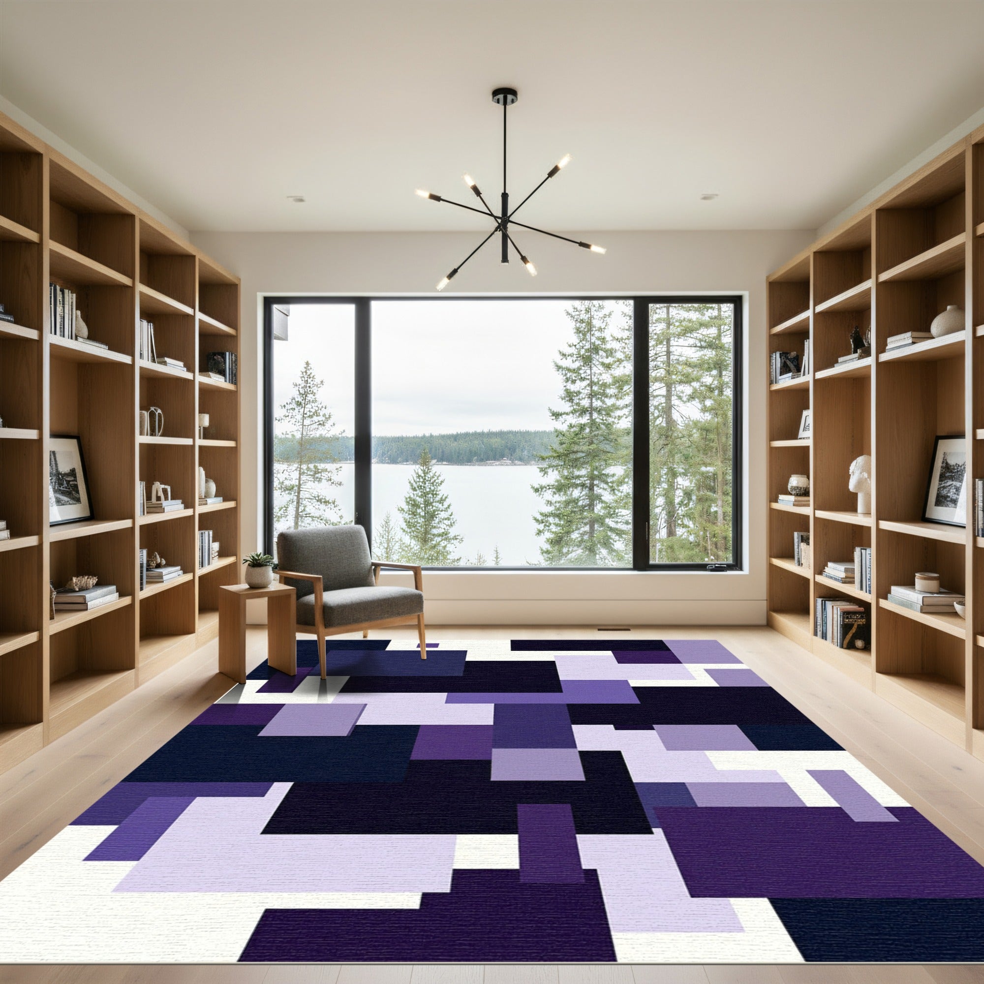 Geometric Purple and White Block Composition Rug
