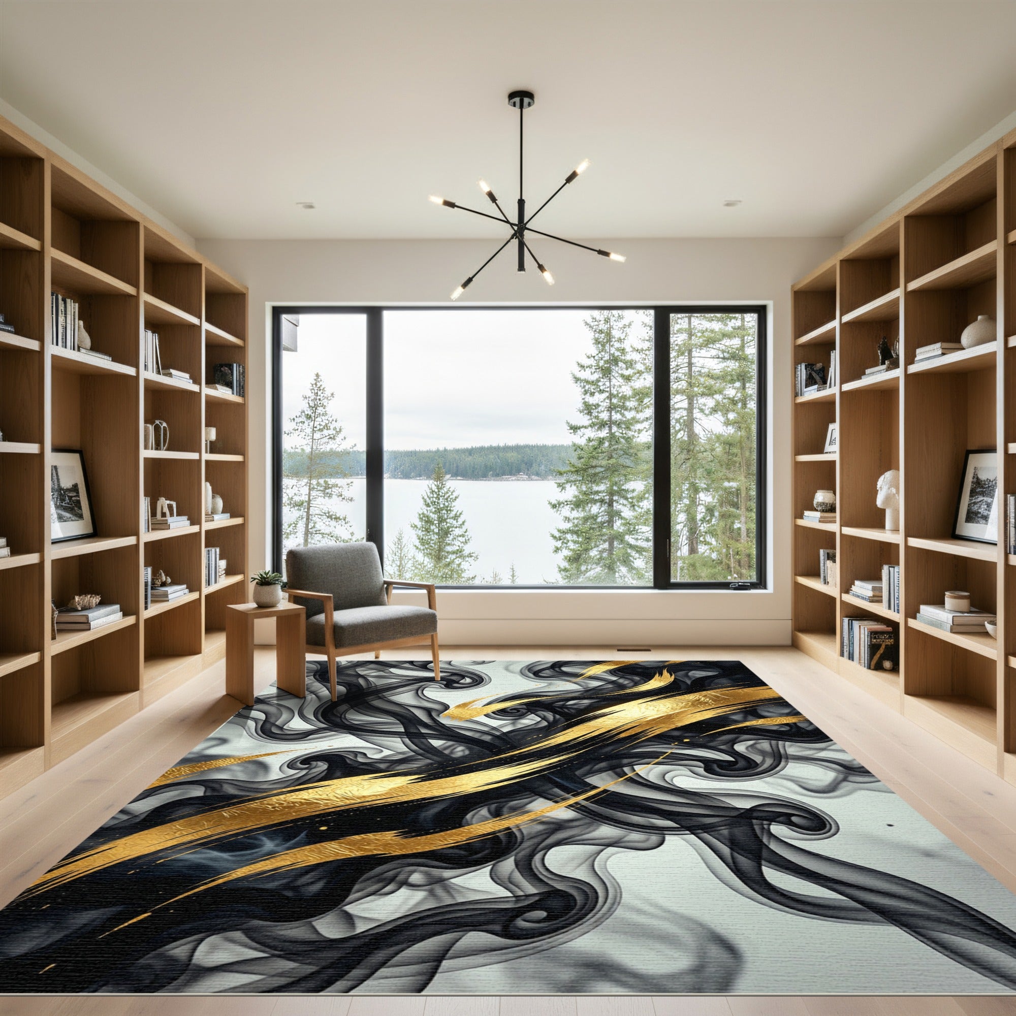 Elegant Black and Gold Abstract Smoke Rug