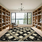 Distressed Beige and Black Grid Rug