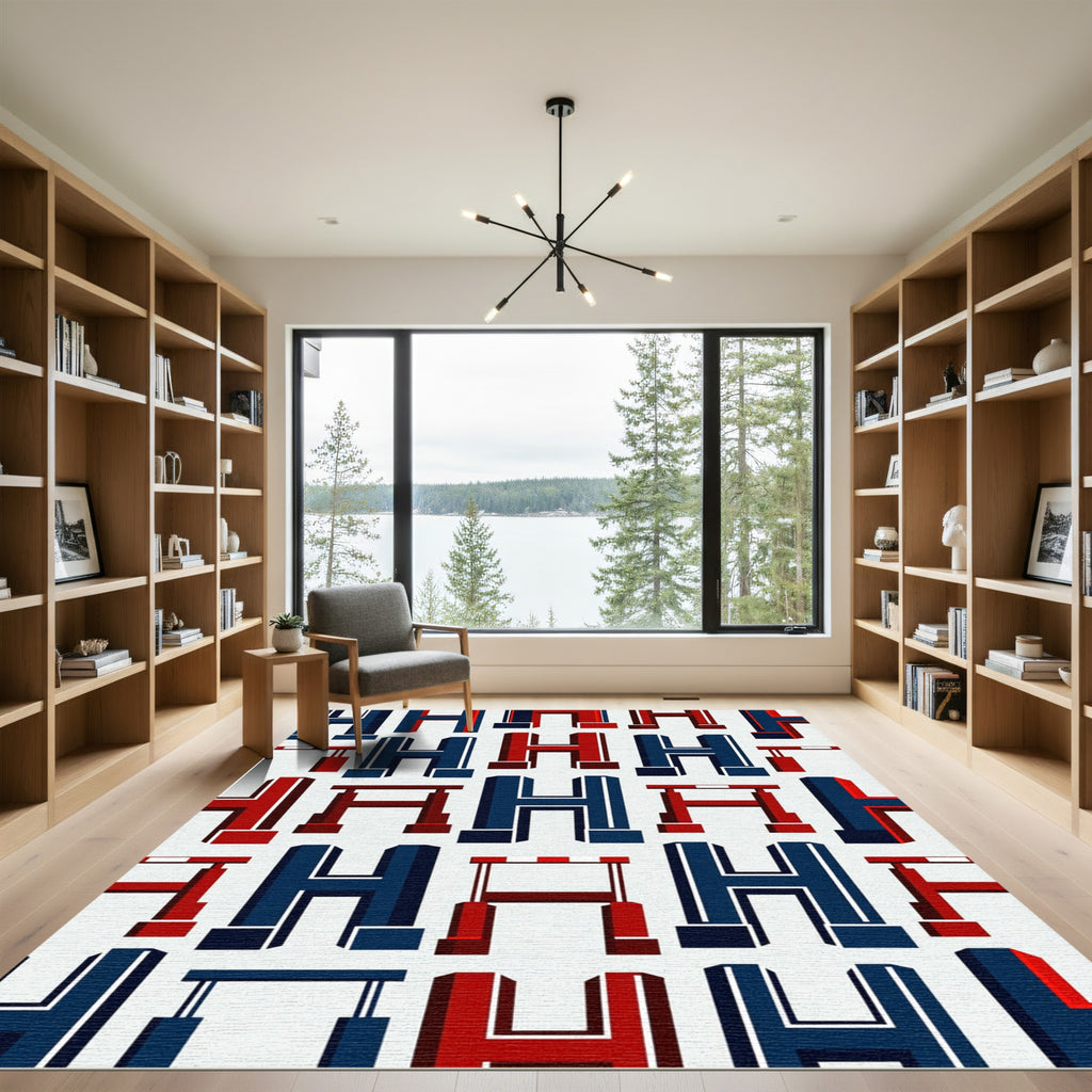 Geometric Navy and Crimson Letter H Rug
