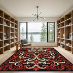 Ornate Crimson and Cream Baroque Scroll Rug