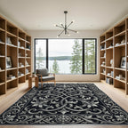 Elegant Silver Floral Scrollwork Monochromatic Rug