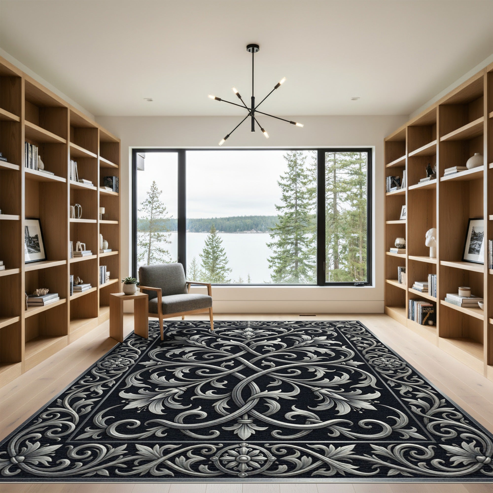 Elegant Silver Floral Scrollwork Monochromatic Rug