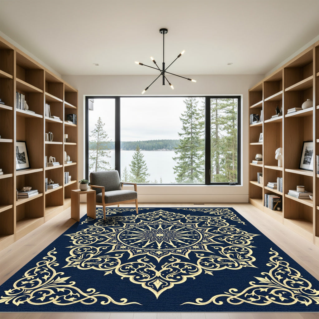 Ornate Gold Celestial Sun Navy Tapestry Rug