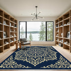 Ornate Gold Celestial Sun Navy Tapestry Rug