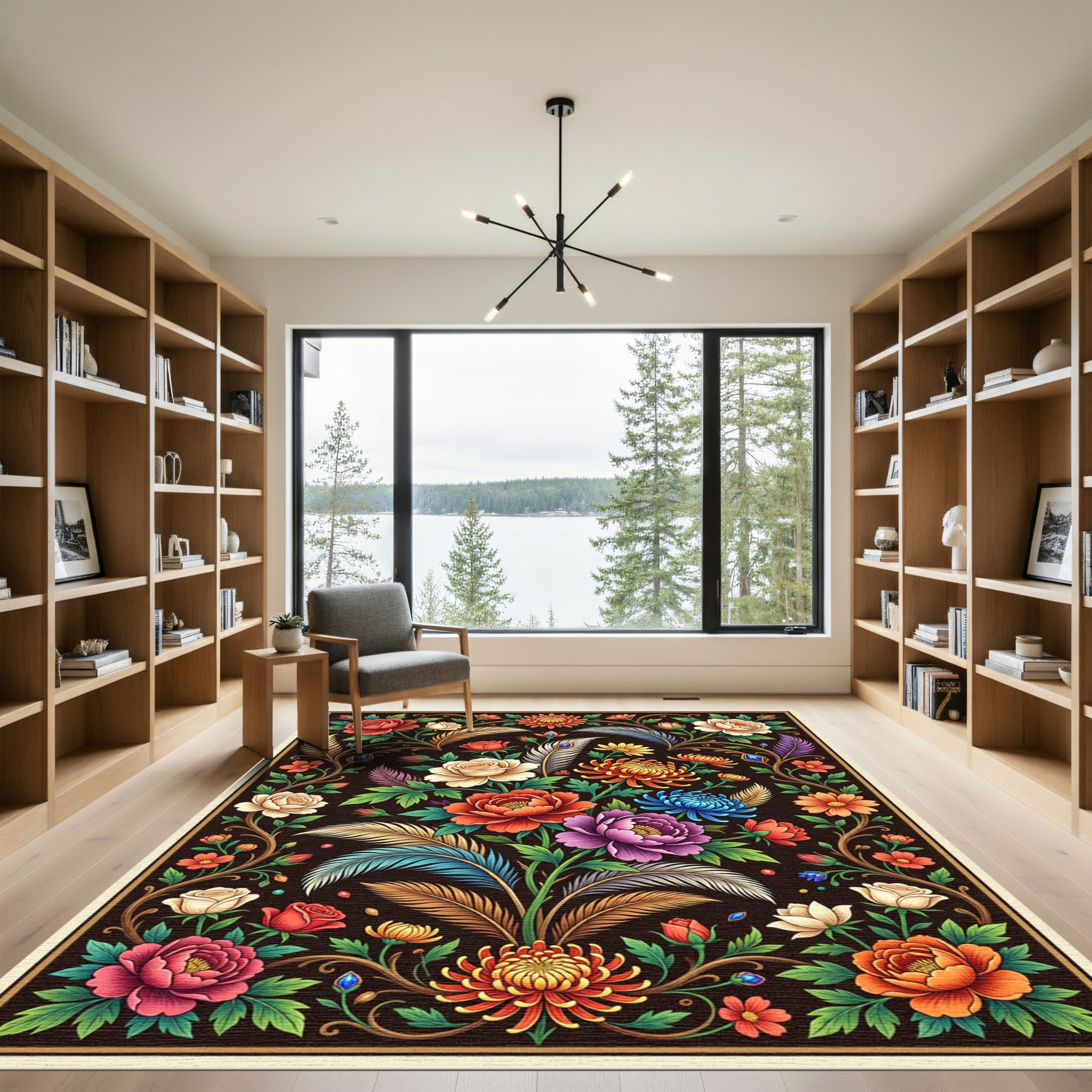 Vibrant Floral Feather Arrangement Rug