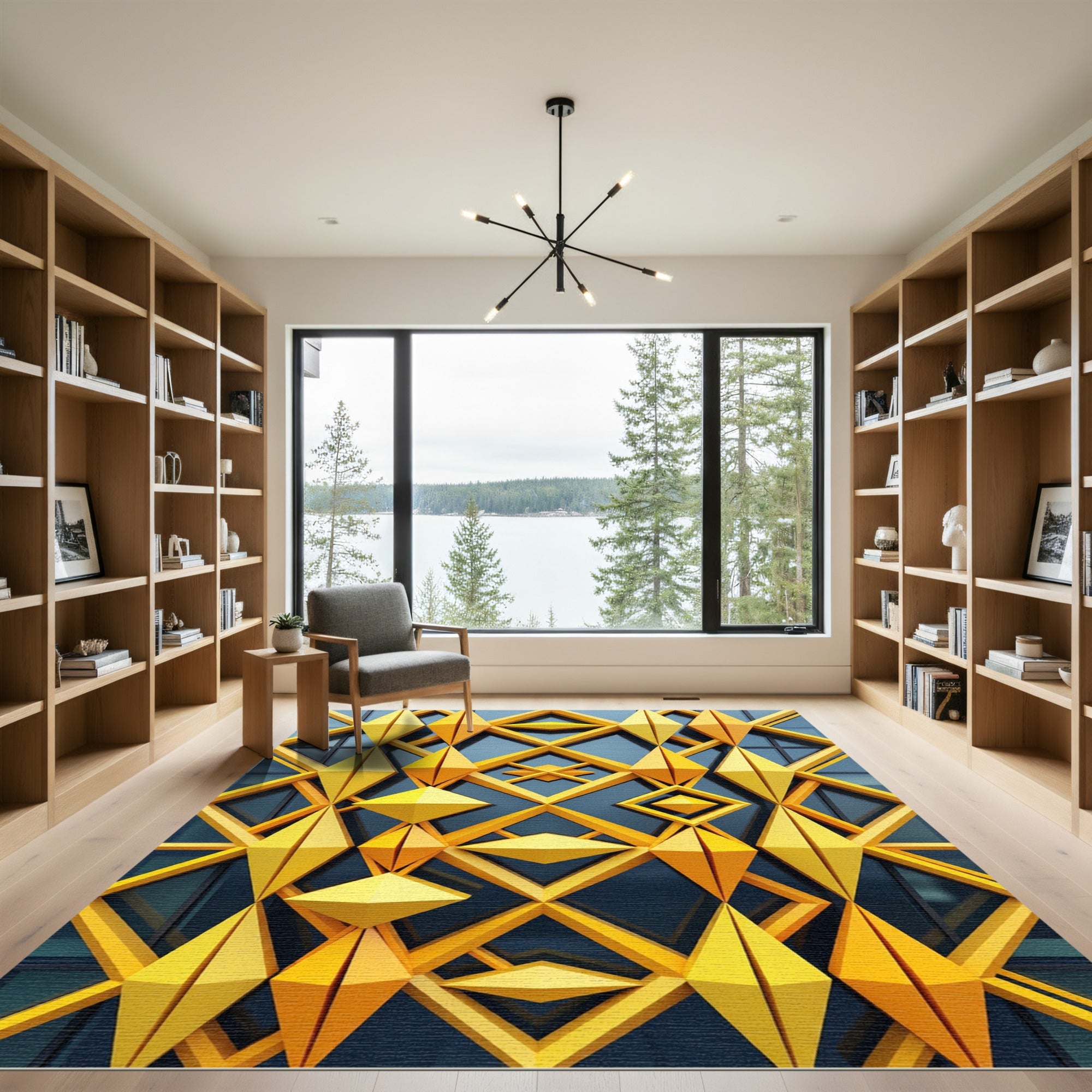 Golden 3D Geometric Diamond Lattice Rug