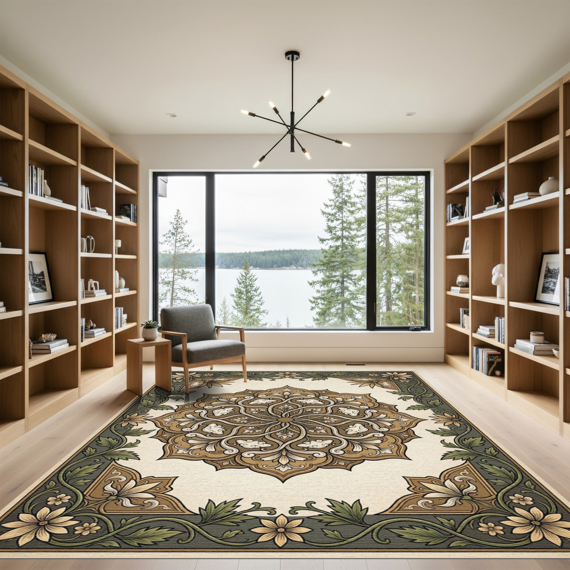 Golden Brown Floral Medallion Border Rug