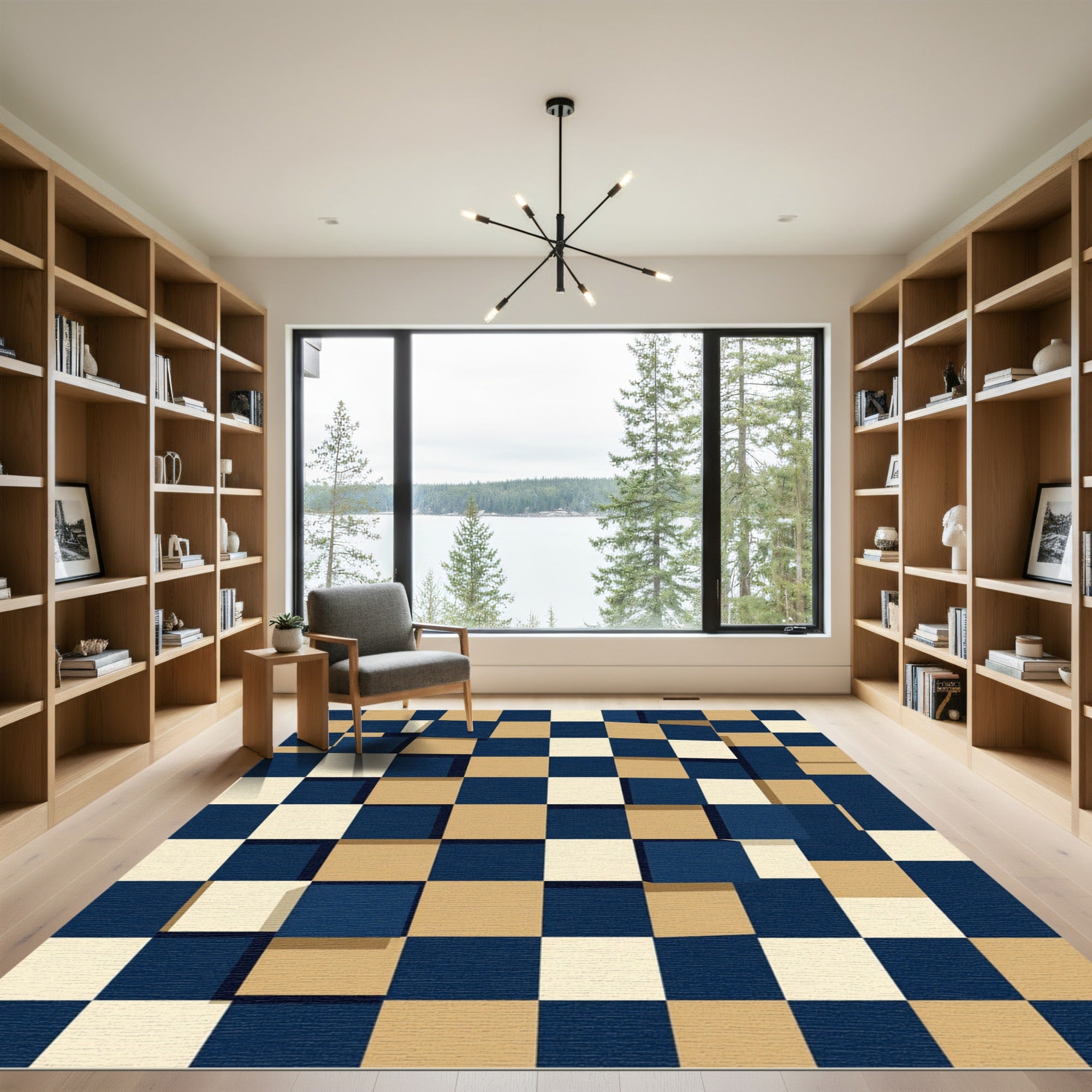 Dimensional Navy and Sand Geometric Squares Rug