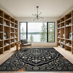 Monochromatic Black Floral Laurel Frame Rug