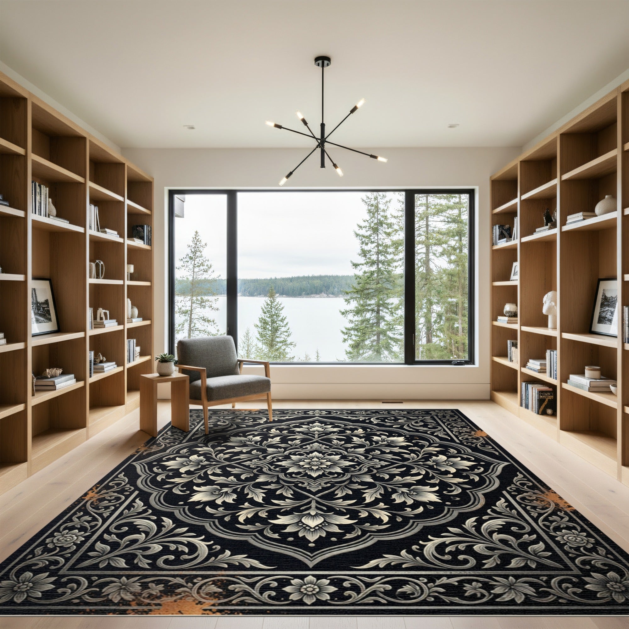Monochromatic Black Floral Laurel Frame Rug