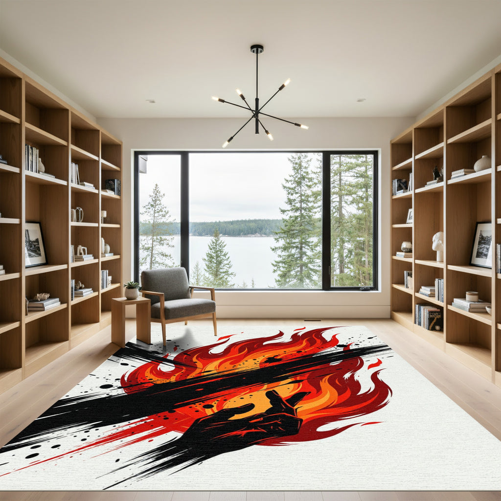 Fiery Red Abstract Ink Stroke Rug