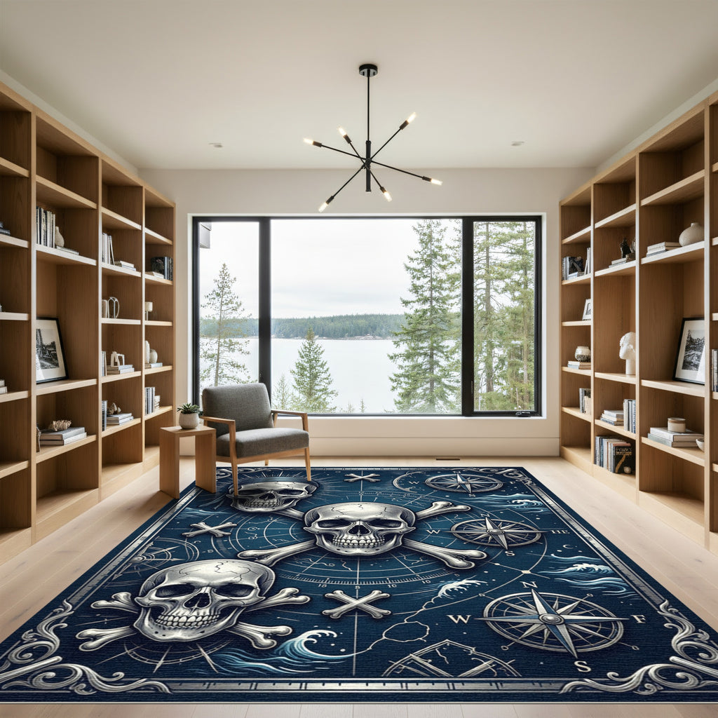Midnight Nautical Skull Compass Maritime Map Rug