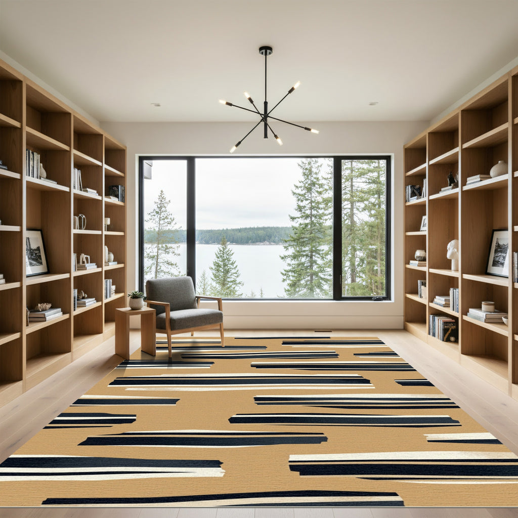 Tan and Navy Striped Brush Strokes Rug