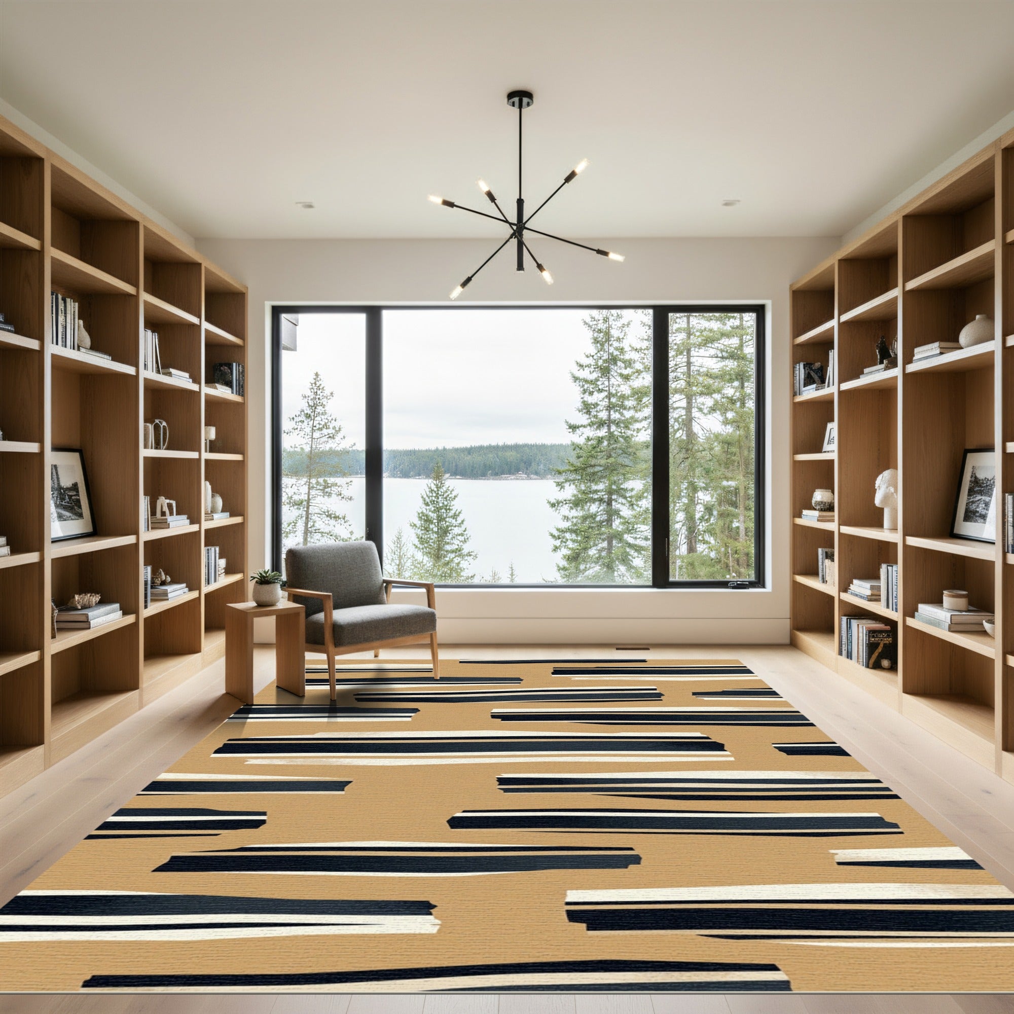 Tan and Navy Striped Brush Strokes Rug