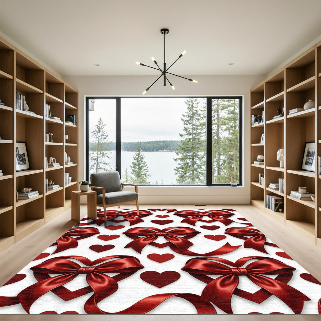 Crimson Heart Bow Ribbon Pattern Rug