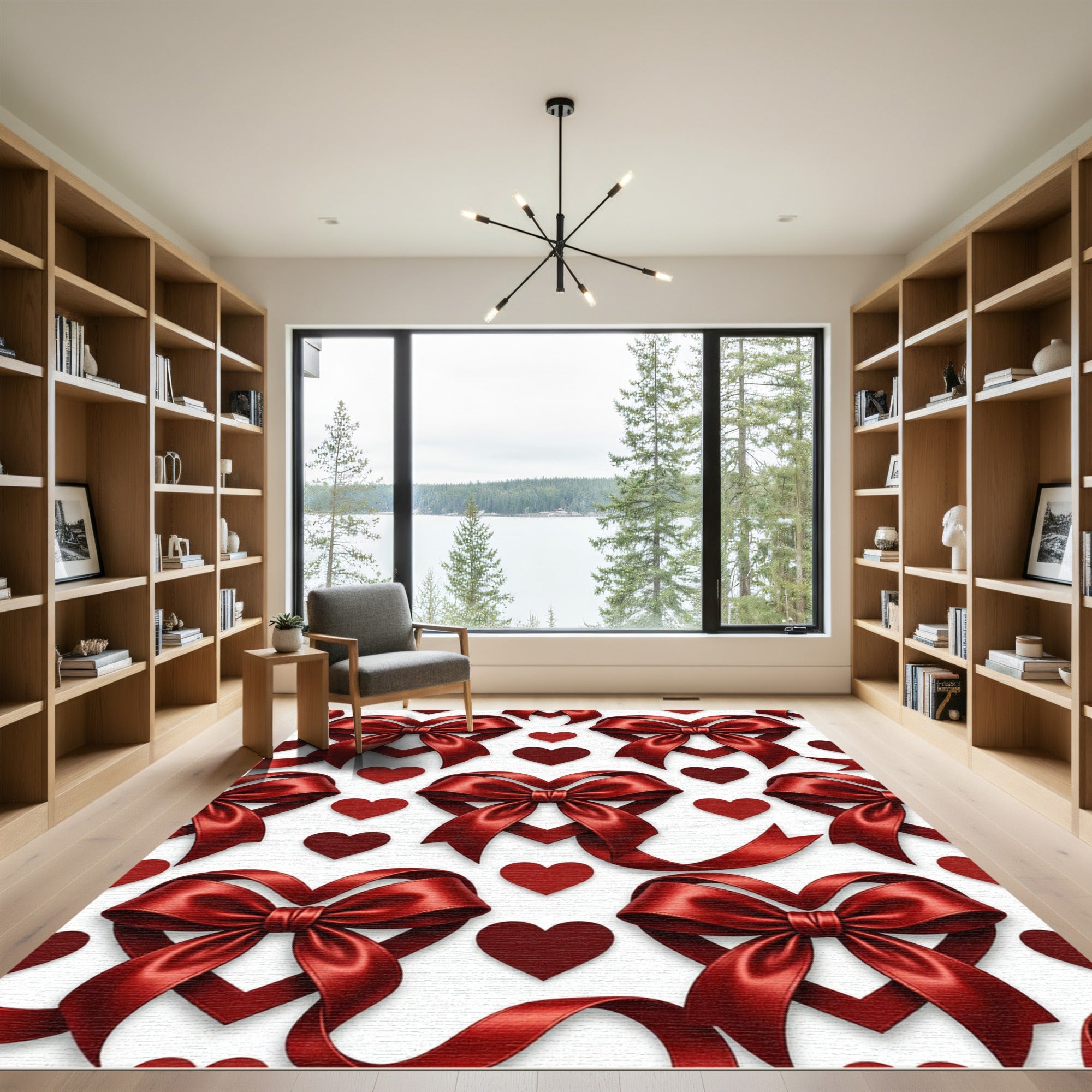 Crimson Heart Bow Ribbon Pattern Rug