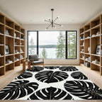 Bold Black Tropical Monstera Leaves Rug
