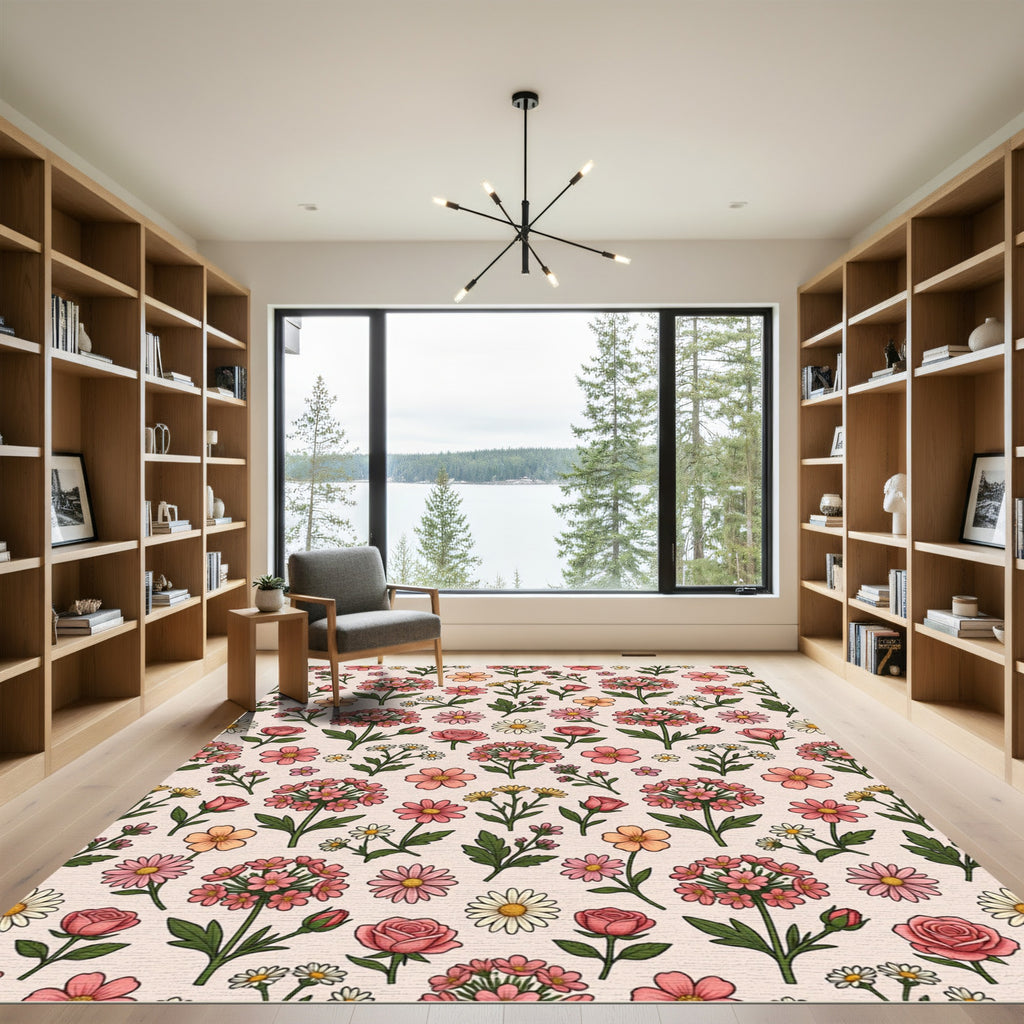 Pink Peach Floral Garden Whimsy Rug