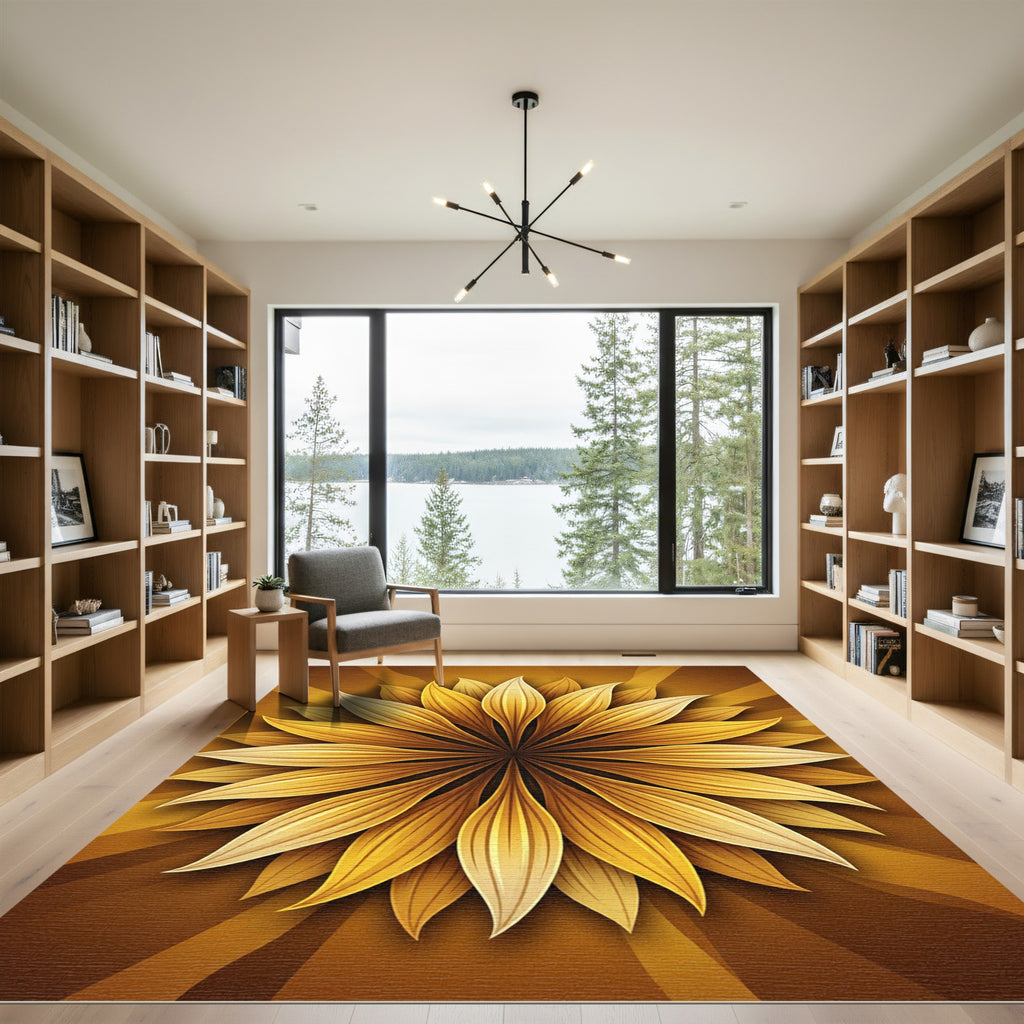 Golden Radiant Sunburst Floral Medallion Rug