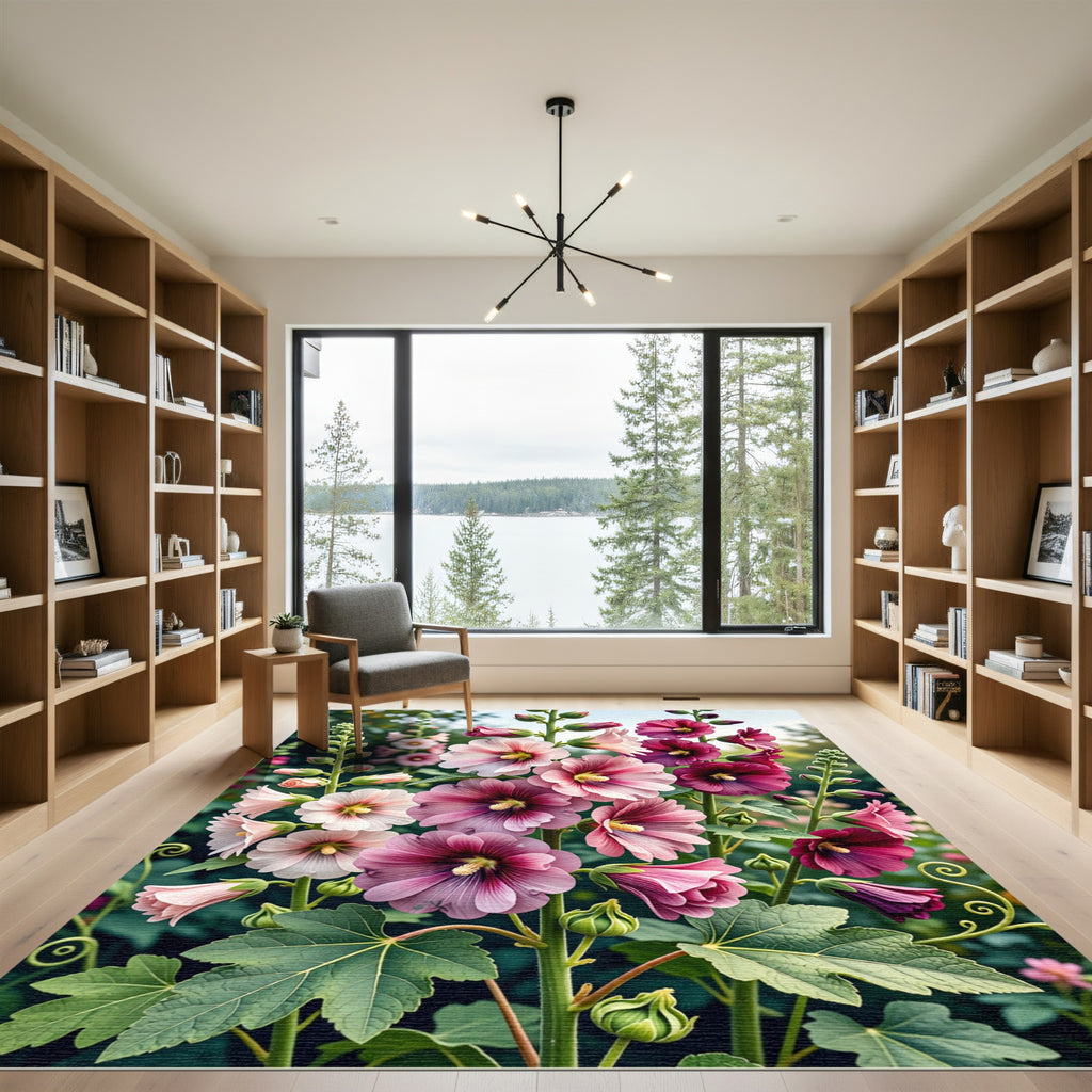 Pink Purple Hollyhock Blossom Garden Rug