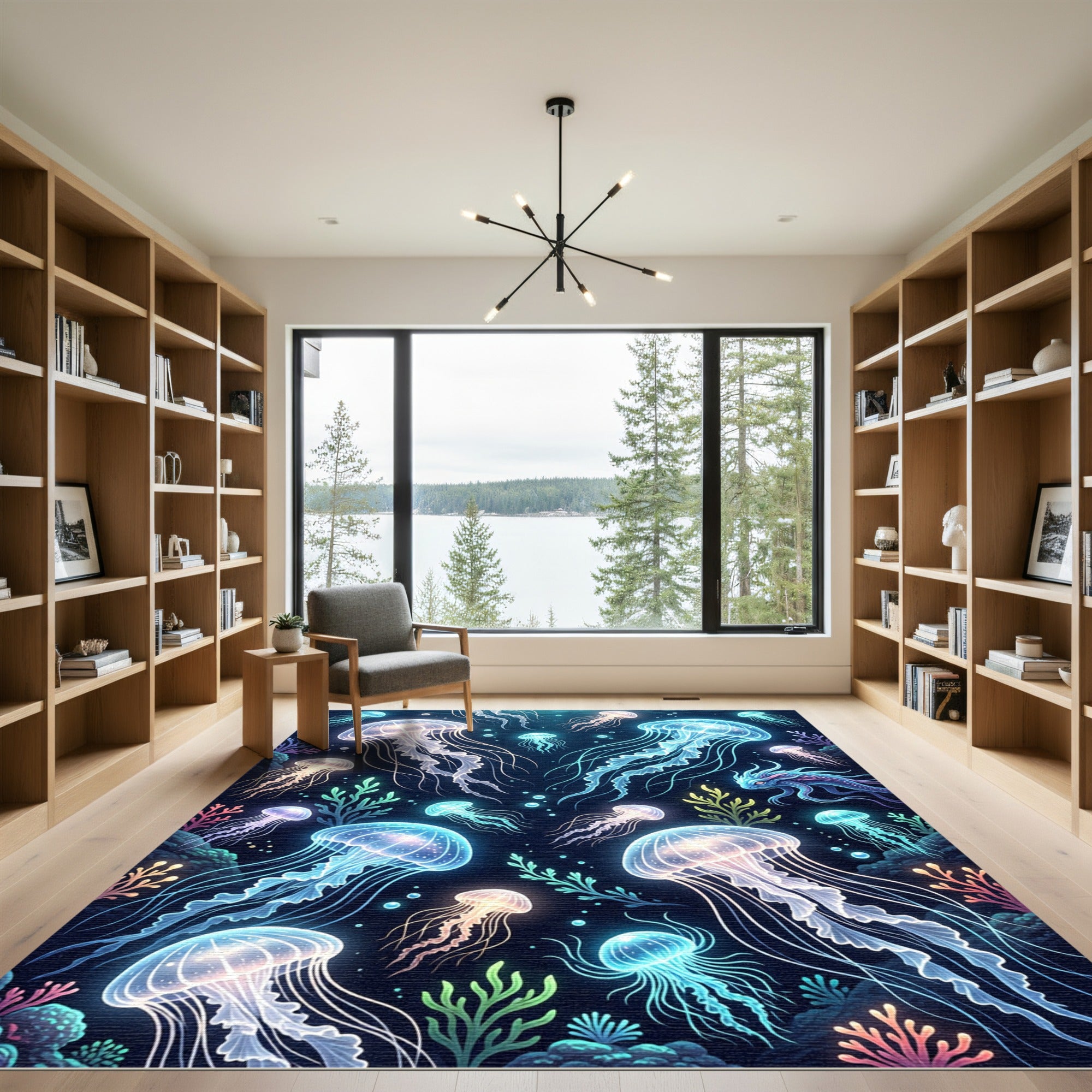 Luminous Neon Jellyfish Deep Sea Mural Rug