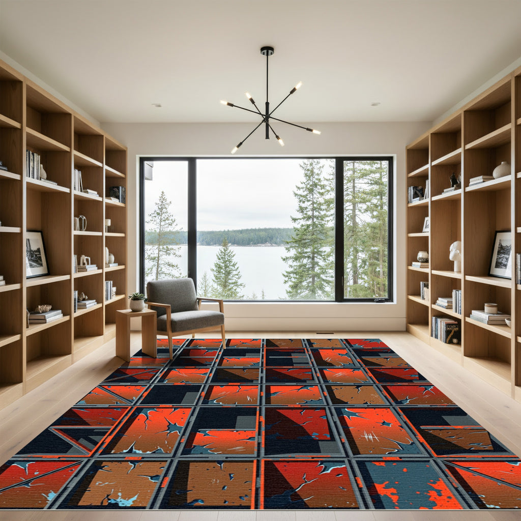 Industrial Orange Cracked Grid Rug